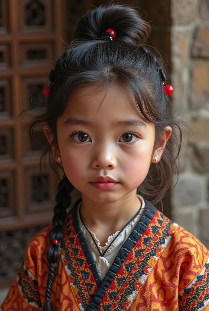 Generate a full image of a young girl, 1 girl, 10 years old, from north mongolia, with mongolian features, realistic background, best quality, real, well detailed, hyper-realistic