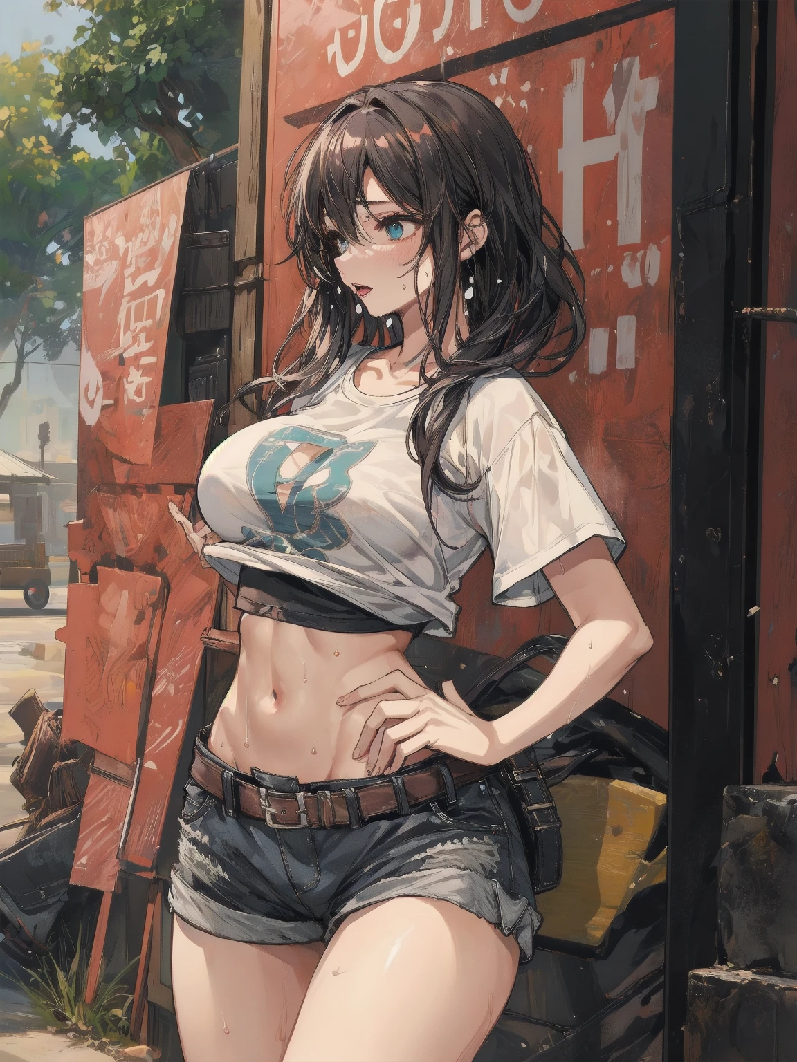 detailed photo of ((anime woman inside a cluttered barn wearing sexy worn-out torn cotton tanktop)), ((detailed realistic face and eyes)), cinematic lighting, 8k resolution, (modelshoot style), sunset, (from_below:1.4)