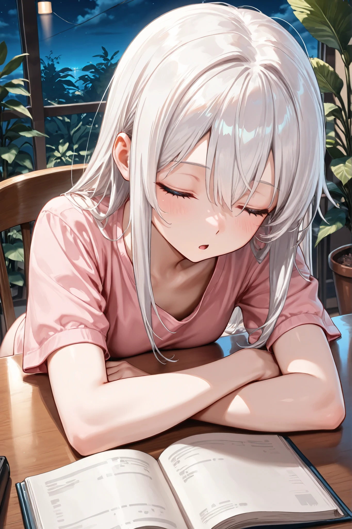 ((Masterpiece)),((best quality)),((incredibly absurdres)),((8K)),(semi realistic),
1 girl,young female,aged up,kawaii,white hair,long hair,straight hair,blue eyes,small breasts,
pink shirt,mens shirt,short sleeves,bottomless,
sleeping,sleepy,(closed eyes:1.2),chestnut mouth,
sitting chair,head down,arms on table,on stomach,
living room,table,houseplants,
upper body,face focus,from above,night,