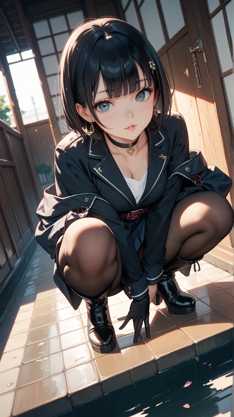 A female surveillance officer who belongs to the Criminal Division 1 of the Public Security Bureau, navy blue tight skirt, navy blue jacket, white shirt, tie, (raises her feet on the abandoned pipe), ((lifts up her skirt)), (white panties), anime style, blush,