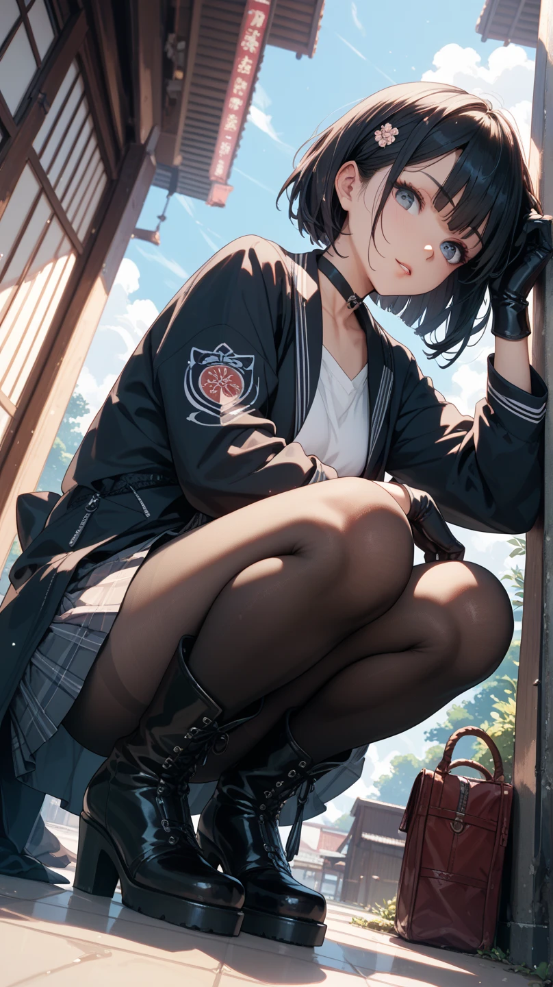 ((Highest quality)), ((masterpiece)), (detailed), 1girl, 独奏, bob cut, sliced bob, jacket, micro shorts, choker, bracelet, squatting, rain, (wet), see through, expressionless, from below, ass pov