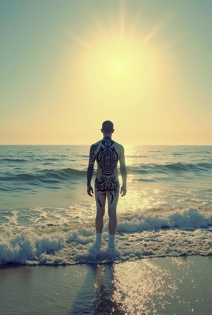 Surreal full body photograph of a man, male, focus on a man, very muscular and very tall (he is 6 feet and 5 inches tall), he has one hand on the back of his head and his head is shaved, where he has body paint with paints like a chess game all over his body that covers all his skin, she has a half white hat and the other half black, she wears white rubber gloves, black men's shoes on stilts, the bikini has a chess game design, there is a sea where the water is turbulent and in the background there is a large lighthouse to navigation, sand is replaced by black and white tiles, good quality, masterpiece., 8k, best quality, UHD, masterpiece, accurate, textured skin, anatomically correct, super detail, high details, award winning, high quality, best quality, highres, 8k