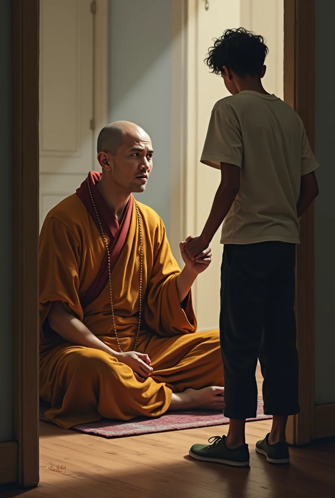 I want a picture of the Lord Buddha praying. On the right side of the Lord, a boy is praying respectfully, and on the left side, a girl is praying respectfully.
I want to look like I'm sitting and praying, not standing.
I'm asking experts for help.
I want to look at the image of the monk praying, not directly in front of the Lord, but from the side of the Lord, turning to the Lord.