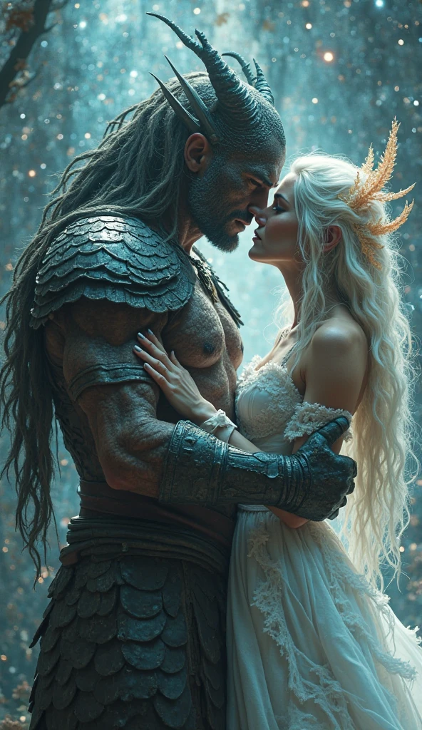 A strong man with long black hair watching a romantic couple, a man with beautiful white hair and a woman with long blonde hair.