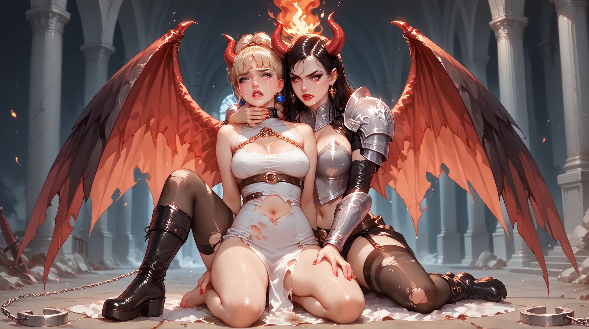 Sexy demon woman, two giant wings, golden skin, she is flying, full body, long legs, thin waist, chain attached to her nipples, giant breasts, topless, chains across her body, huge hard nipples, thin chain connecting one nipple to the other , chains hanging from giant nipples. (work of art), (topless), (HD quality), provocative and sensual, erotic, enchanting, seductive. Dark clouds, night, storm, lightning, intense shadows, scary scenery.