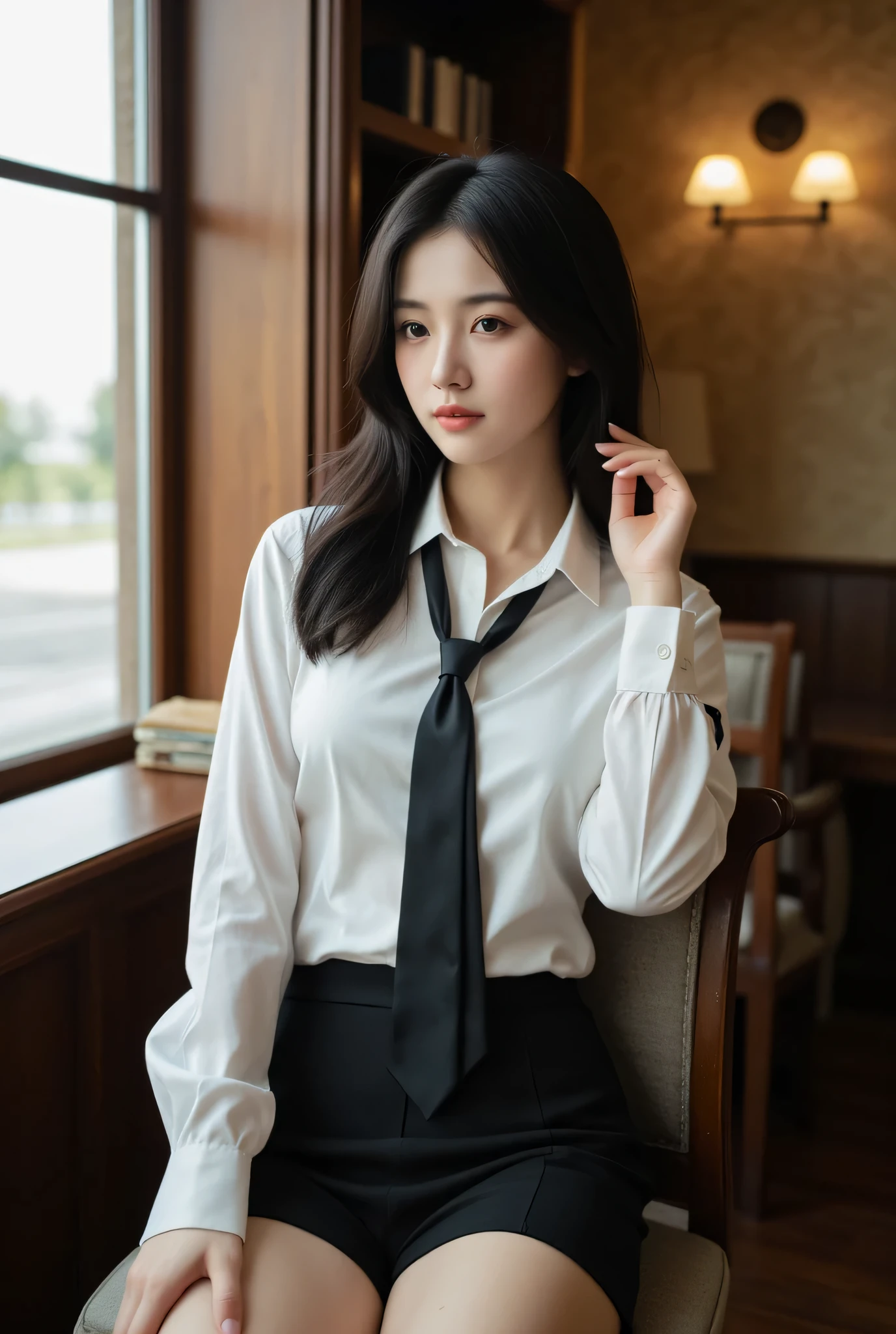 arafed woman sitting on a chair in a white shirt and black skirt, Wearing a blouse, Office Clothes, Wear a shirt, 白いWear a shirt, Korean Girls, wearing a White blouse, Korean women, 白いWear a shirt, Open shirt, Quality white shirt, 白いWear a shirt, Businesswoman, タイトなWear a shirtいる, White blouse, Business Attire