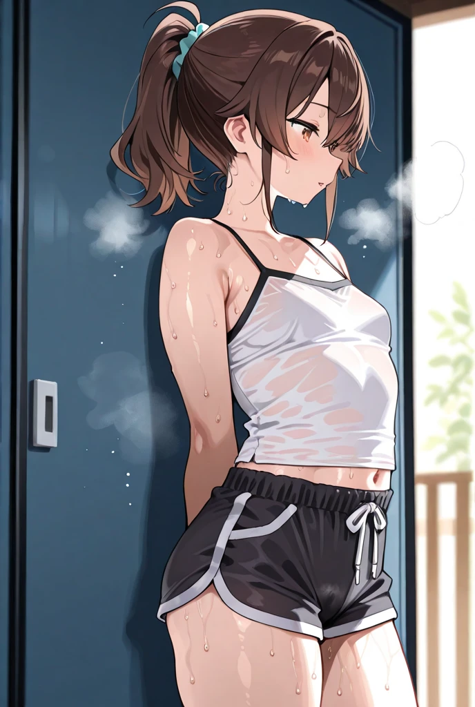 Stagger,motion line,(((masterpiece, highest quality:1.5))),after rape,cowboy shot,16 year old beauty,solo,dark brown hair,short bob hair,brown eyes,blunt,skinny,medium breasts,toned body,skinny,shiny skin,oily skin,sweat,shy,tears,Heavy breathing,   BREAK     ,school gym clothes, White short sleeve T-shirt, Red Ringer Neck, school gym red buruma,Love juice,   BREAK   ,walk,corridor、On campus、School、sunset、