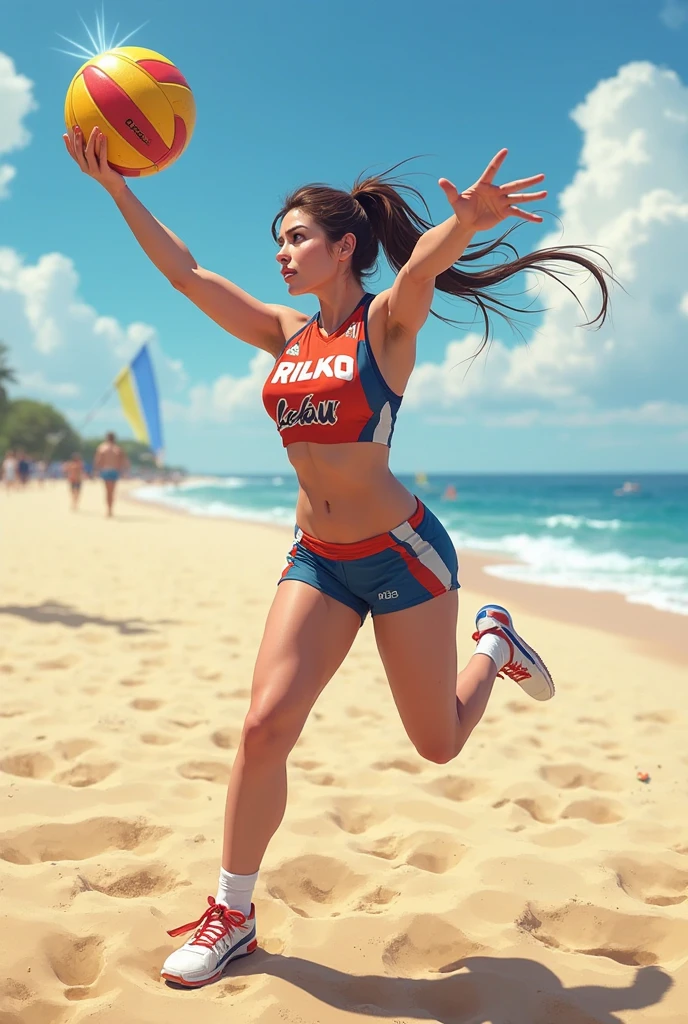 Full body recording, Large fitness toned woman throws volleyball, skimpy beach volleyball Outfit, muscular, dicke Waden, Barefoot , wide hips, musculare Waden, starke Beine, dynamische Pose