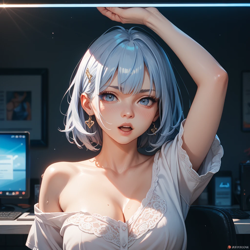 (in 8K, Best Quality, masutepiece:1.2)、超A high resolution, 1girl in,(pubic tattoo,glowing tattoo),Solo, White hair, Short hair, Straight hair, Blunt bangs, grey eyes, topless, nude,, pale skin, Looking at Viewer, Light blush, lightsmile, Head tilt,open mouse,Detailed fingers、Cyberpunk room, blowjob, oral sex, open mouth