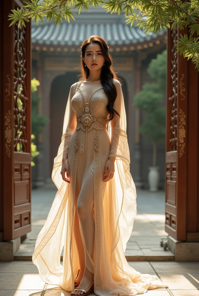 Beauty, sexy, bare breast, cleavage, bare legs, see-through, standing, hanfu, wet, clear, realistic, highest detail, sacred, holy, golden mountains, countless palaces in the distance, perfect hip waist ratio