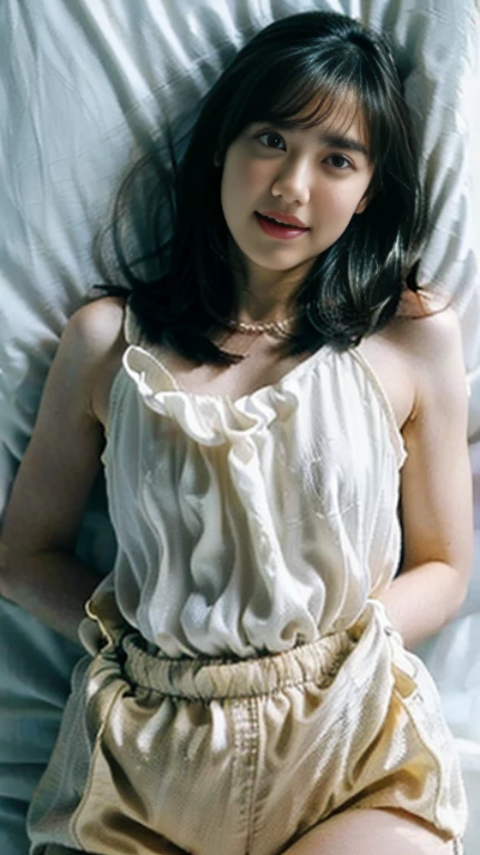 ((Realistic Lighting, Best Quality, 8K, Masterpiece: 1.3)), Clear Focus: 1.2, 1 Girl, Perfect Beauty: 1.4, Slim Abs: 1.1, (Long Dark Brown Hair, Large: 1.2), (Torn Transparent Dress: 1.3, Black Full Leg Stockings: 1.2, White Transparent Bra, White Transparent Panties), (Panties Digging Into the Crotch), ( Outdoor, Daytime: 1.1), Beach, ((Realistic face of actress Yui Arakaki)), double eyelids, hands on head, (Full body lying on bed: 1.2), ((legs wide open towards the camera)),