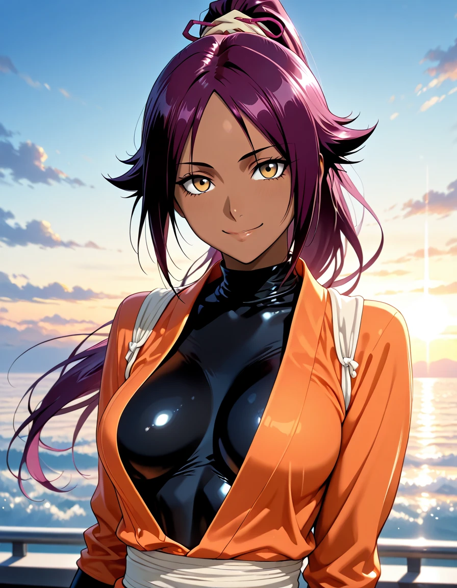 BREAK looking at viewer,BREAK (masterpiece:1.2), best quality, high resolution, unity 8k wallpaper, (illustration:0.8), (beautiful detailed eyes:1.6), extremely detailed face, perfect lighting, extremely detailed CG, (perfect hands, perfect anatomy),yoruichi shihouin, long hair, (yellow eyes:1.5),onsen,hot springs,night,ponytail, purple hair, dark skin, dark-skinned female,sexy lingerie,nipples,nipples see through,bathrobe,from above,lie on back.