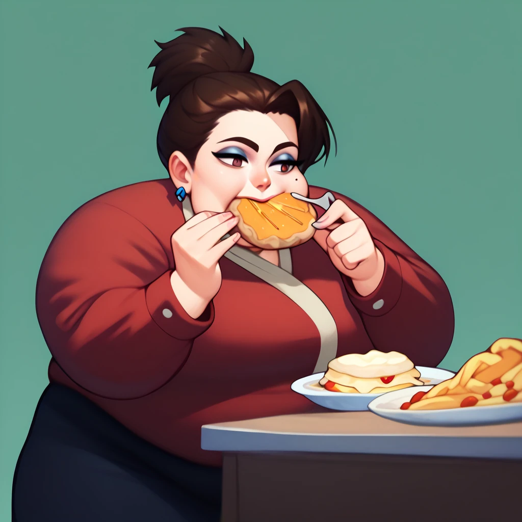 Make a chubby woman eating too much and showing his belly