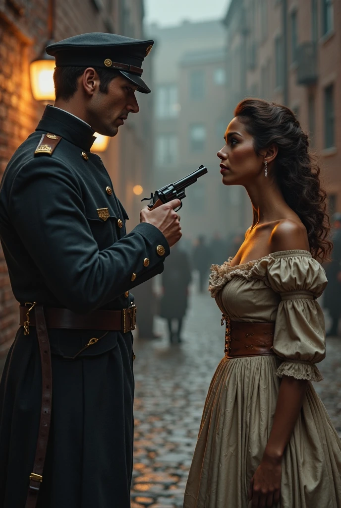 there is a woman in a hat and a steam engine, highly detailed surreal vfx, victorian city, futuristic fashion clothing, looks a bit similar to amy adams, holding a futuristic gun, ambrotype, necromunda, gustave, in a street, jeremy bennett, anthropomorphic humanoid, screengrab --auto --s2