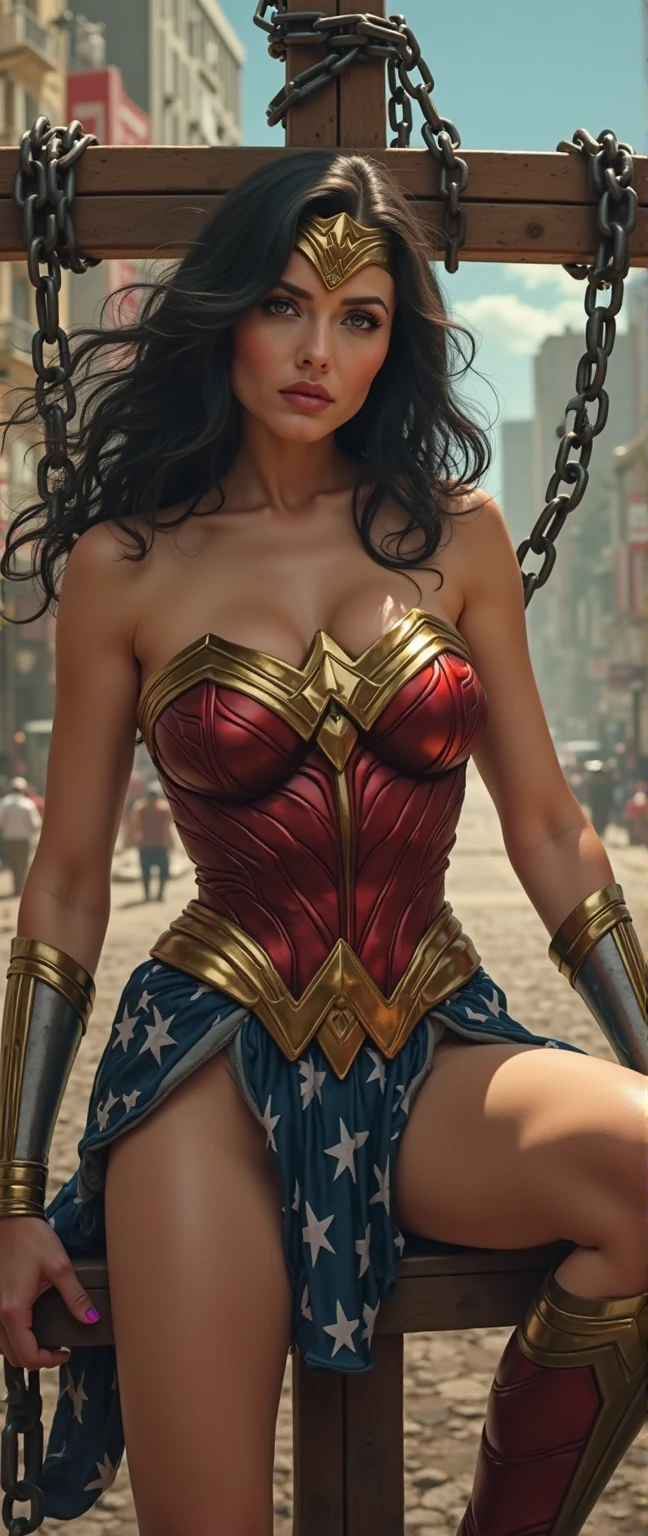 ((vestindo um traje da Superheroina Wonderwoman, MILF, mami, com 50 anos de idade))、mulher bonita, idade 50 anos, with visible slender abs:1.4、Pacote ABS Six:1.4、Busto de Botox、((Ponta saindo、the areola protrudes、the shape of the pubic area is clearly visible))、(Totalmente amarrado com uma corrente)、Containment、escravo、gargantilha、sneer、((gritando de dor, tears flow、choro de dor))、sweating、(( Presos no mercado de escravos. impotente amarrada pelos pulsos e tornozelos com correntes. Escravizados e abusados. Feeding with fishing net and garter belt and wearing a donkey-collared harness around the neck. Ela grita e grita, bursts into tears ))Wet、nublado、((acorrentado))、((Grande destaque das redes))、((Barra de ferro na virilha))、((hands above head chained to ceiling))、(Sem pantie、no-bra)、Trajes desafiados, Sucata、There's mud on the face、Blood is splattered、real、(hematoma、sujo、roupas rasgadas、roupas desleixadas、sangue:1.3)、cabelos escuros、cabelo longo、pelos pubianos、pelos nas axilas, capa rasgada、torn pantyhose、pernas longas、Metal shackles、The ankles are chained to the floor, A necklace of ticks on the neck chained to the ceiling、Wet crotch is clearly visible、atirando de baixo、Anatomical、(futuristic sci-fi battle fashion、Cotovelo e joelho trincados cyberpad, 、((squatting, ankles chained to the floor)) 、The slave market is tense. barefoot.