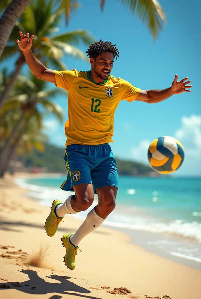 A handsome 27-year-old tall white young man in a men's fashion show on the beach shore wearing a green, yellow and blue Brazilian swimsuit with a beach ball in his hand. Many people applaud him and bubbles are around him. Tight boxer shorts in the colors of the Brazilian flag. Unshaved, white, tall with black hair.