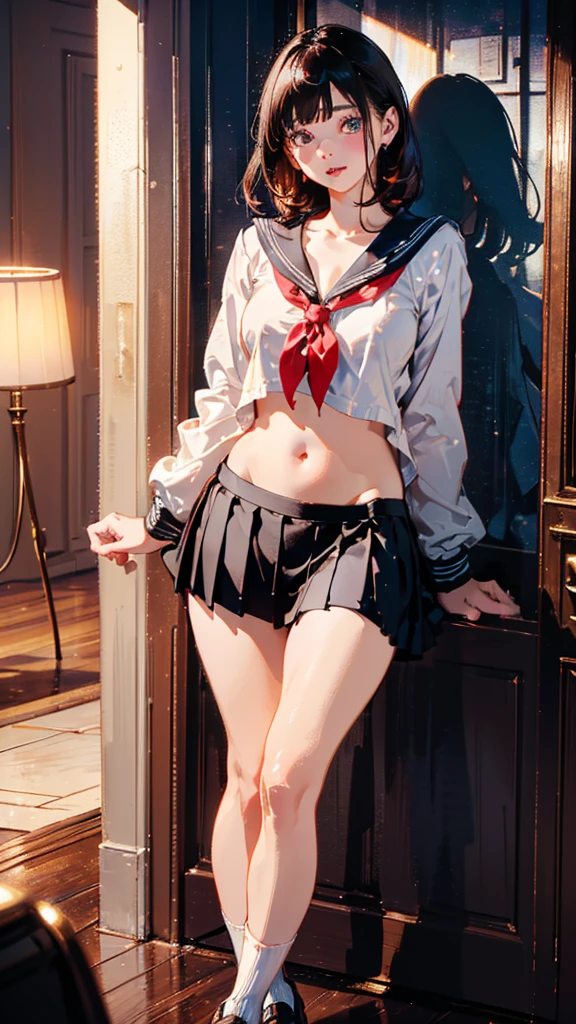 (masterpiece), 4K,woman,Long sleeve sailor suit,Tied up hairstyle,Small breasts,Small Ass,Curly Twin Tails,Bulb Light, Realistic, skinny, Grin,Long nipples,Areola,,good,((,Knee-length bloomers)),Are standing,rain,