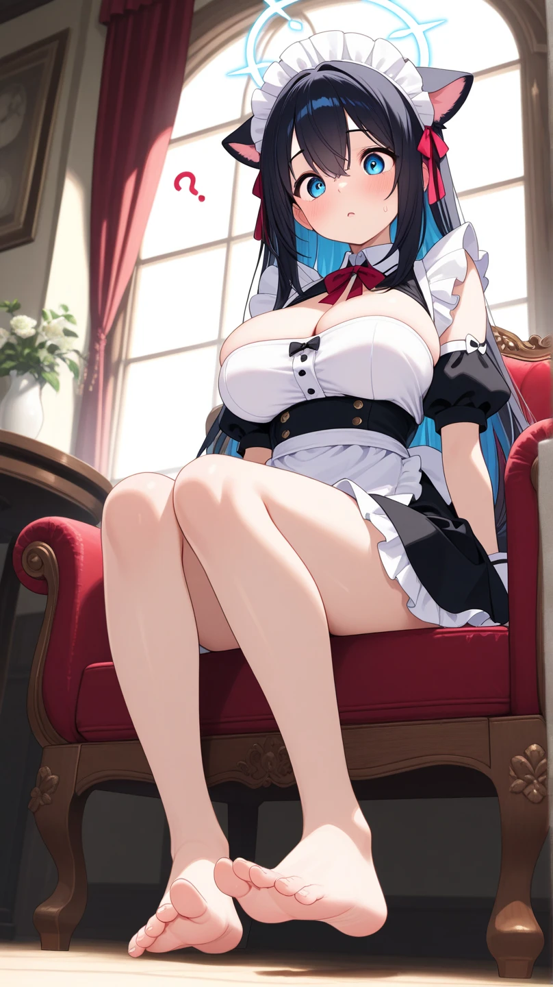 cat ears, loli, child ,1gir ,hair between eyes ,cute ,((masterpiece:1.2, best quality)),solo ,thighs ,((huge breasts)) ,poses ,blue hair ,blue eyes ,twintails ,white background,maid ,thighs