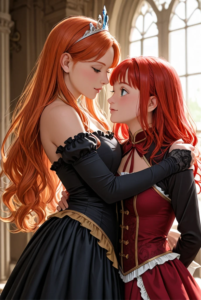 Red-haired pirate girl with a girl with black hair and period dress on the bow of a ship 