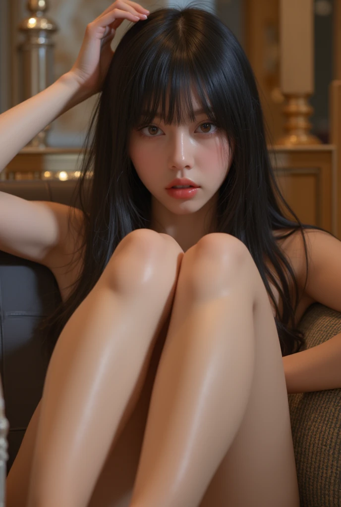 ((Best image quality、top quality、highest resolution、surreal photo、)), whole body,spread your legs, There's a lot of black hair on the bed..、semen, Super super long hair about 3 meters long、super super long haircuts、big bust, nude, high heel, nipple, pussy, black pantyhose, white high heel