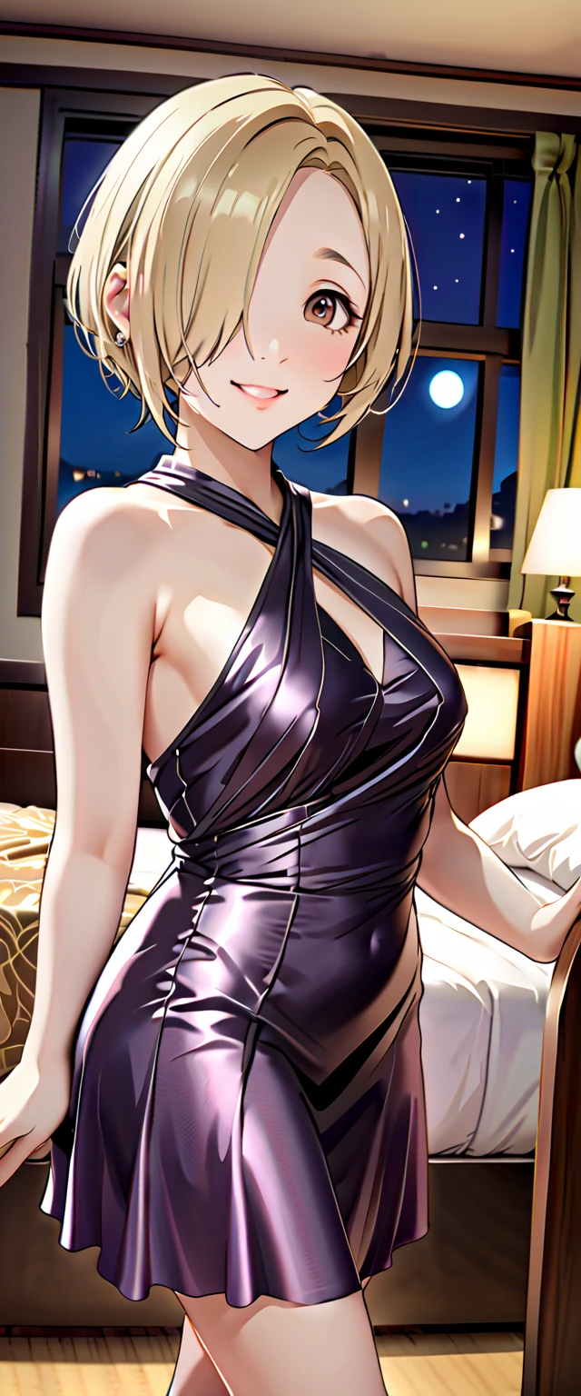 ((((masterpiece, best quality, high resolution)))), Extremely detailed 8K, Beautiful girl with voluptuous body, (Ultra HD, Ultra-detailed, Highly detailed, Highly realistic, Ultra-realistic, photograph realistic), (1girl:1.5), (Realistic white hair), (short wavy hair, hair ornaments, earrings), (dynamic poses), facing at camera, looking at viewer, (blushing red, embarrassed, exhausted, smile), (purple eyes, sharp eyes), (perky breasts:1.2), (beautiful detailed face, beautiful detailed eyes), ((glittery black silk slit dress)), (detail pussy), (standing up), sweat, glow, (nightlight), ((cowboy shot)), jazz bar, seductive
