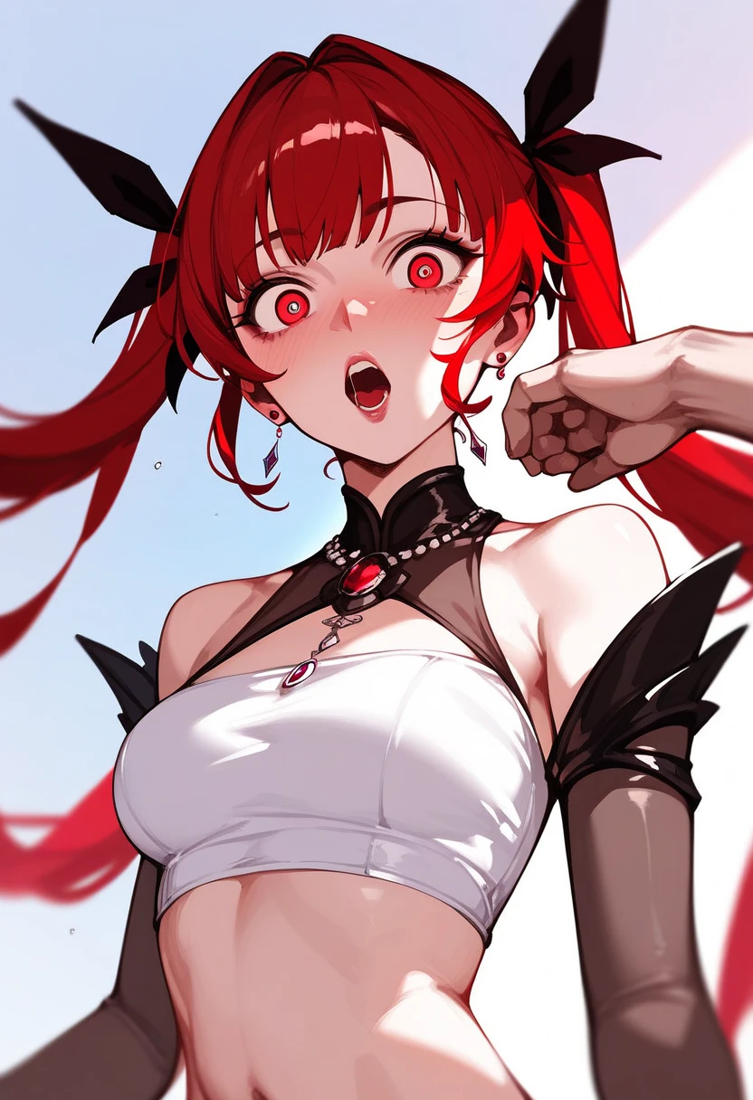 best quality, masterpiece, 1 girl, devil girl, smiling, (red colored skin:1.2), (bright red eyes:1.3), (black devil horns:1.4), long hair with bangs, tattooed body, black and red bikini, dynamic posing in comic con, (medium breast, under boobs:1.2)