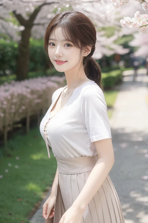 best quality, photorealistic, masterpiece, 8k, high res, solo, 1girl, (((woman))), (medium breast), ((looking at the viewer)), (looking at the camera), boy friend view, (short hair), ponytail, (professional lighting, bokeh), extremely detailed face,  fashionable and trendy atmosphere, taiwan, park, ((daytime)), (blouse :1.5), dress,   (portrait:0.6), seductive smile,  gorgeous, floating hair, (light particles, lens flare, glowing particles:0.6), (dynamic pose:1.1), soft lighting, brown hair,  (model figure:1), standing,  (obvious mole under eye:1.2), (smile folds:0.8), (mature face:1), teeth, narrow face,