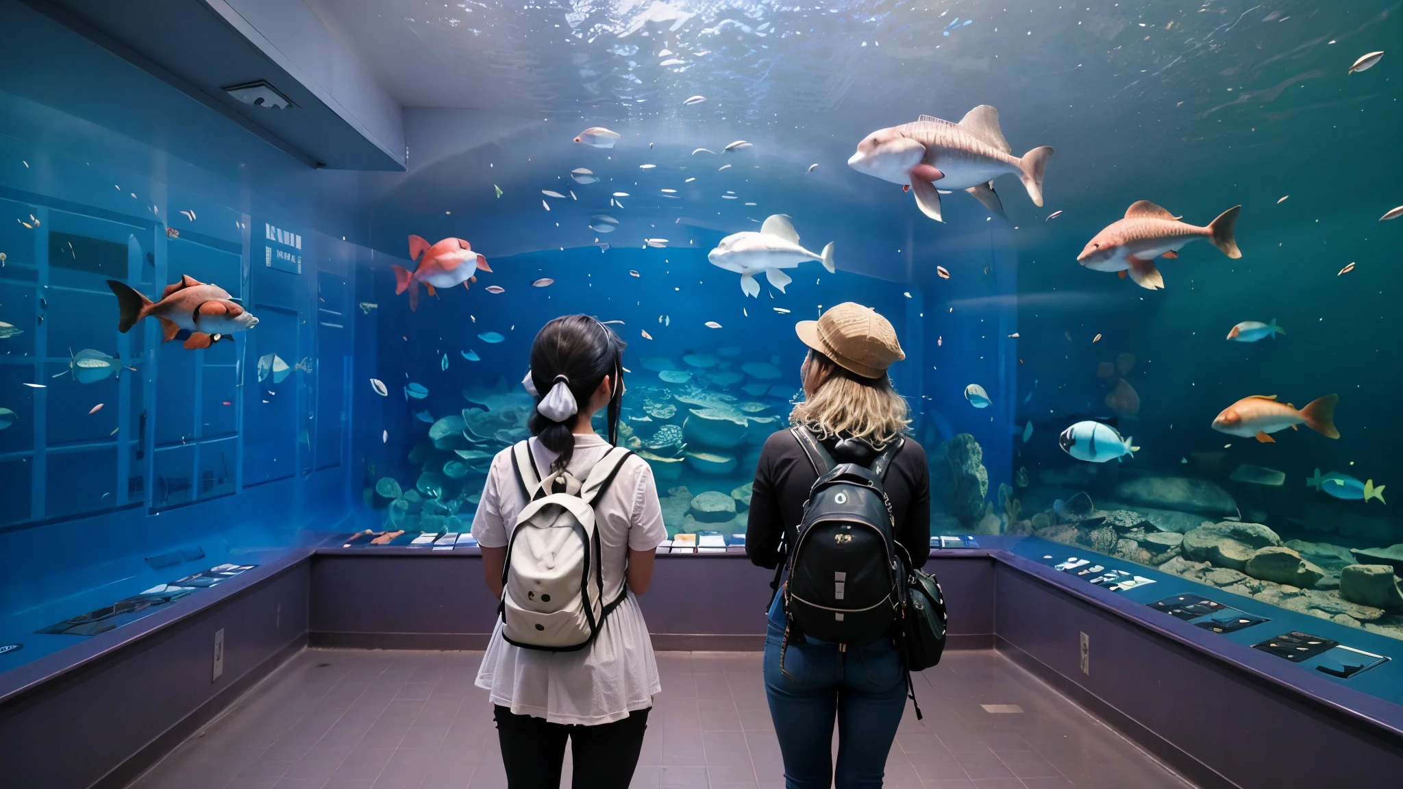The supergiant aquarium of the future,is full of colorful creatures I've never seen before swimming,Super giant aquarium,A 100m water tank that is enough to look up,girl is looking up on her shoulder,