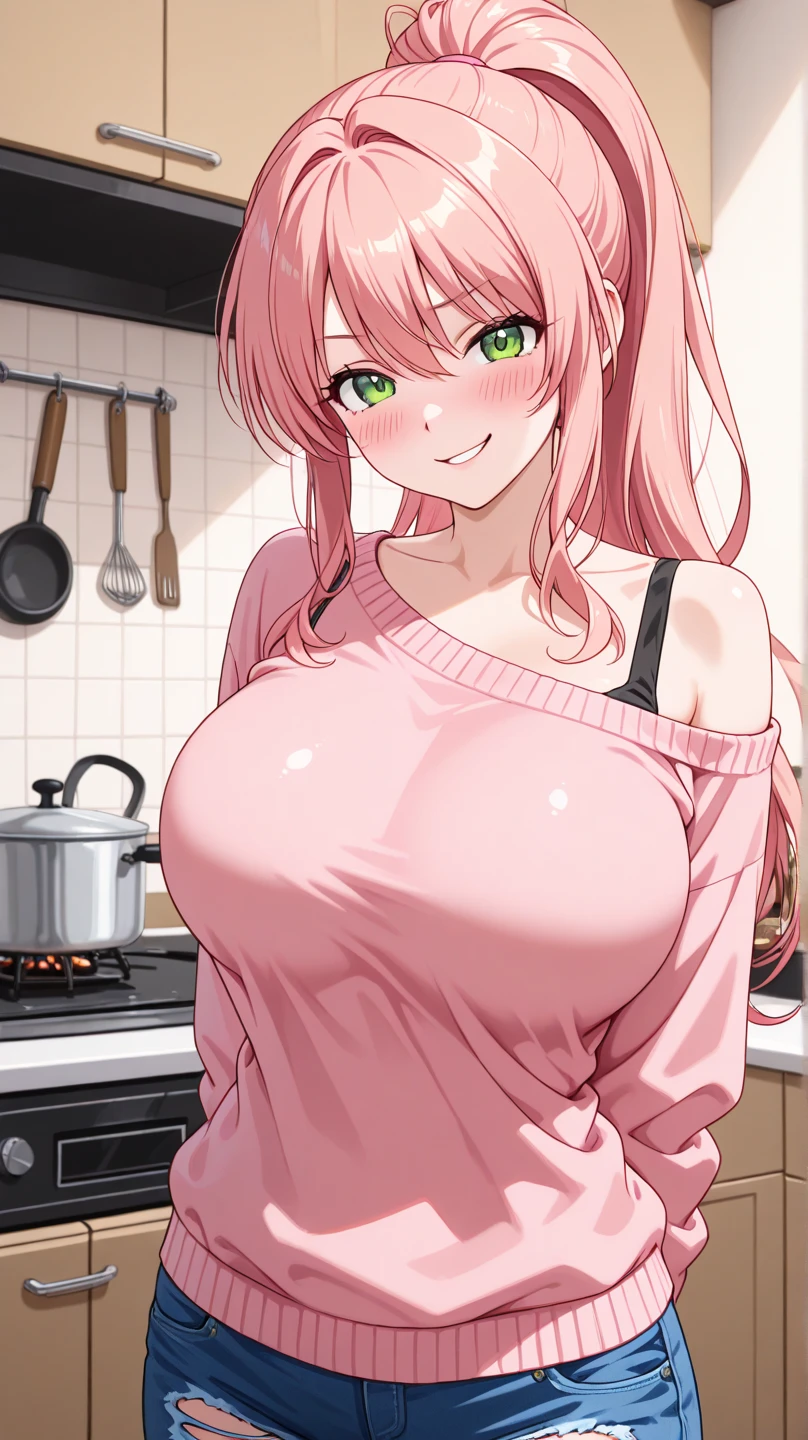 Sakura_Naruto, 30 y o woman, milf, big breasts, thicc hips, narrow waist, naked body with a white apron, in the kitchen, smile, nipples under the apron, high quality, rich colors, (white apron), nipples under clothes, naked body,  curvy body, massive breasts, ( litle pink nipples visible through a (white apron)), POV in front of her, I stand in front of her, masterpiec, beautifyl detailed eyes, beautiful detailed lips, FULL HD, look into me, SEXY, green eyes, smile and blushes