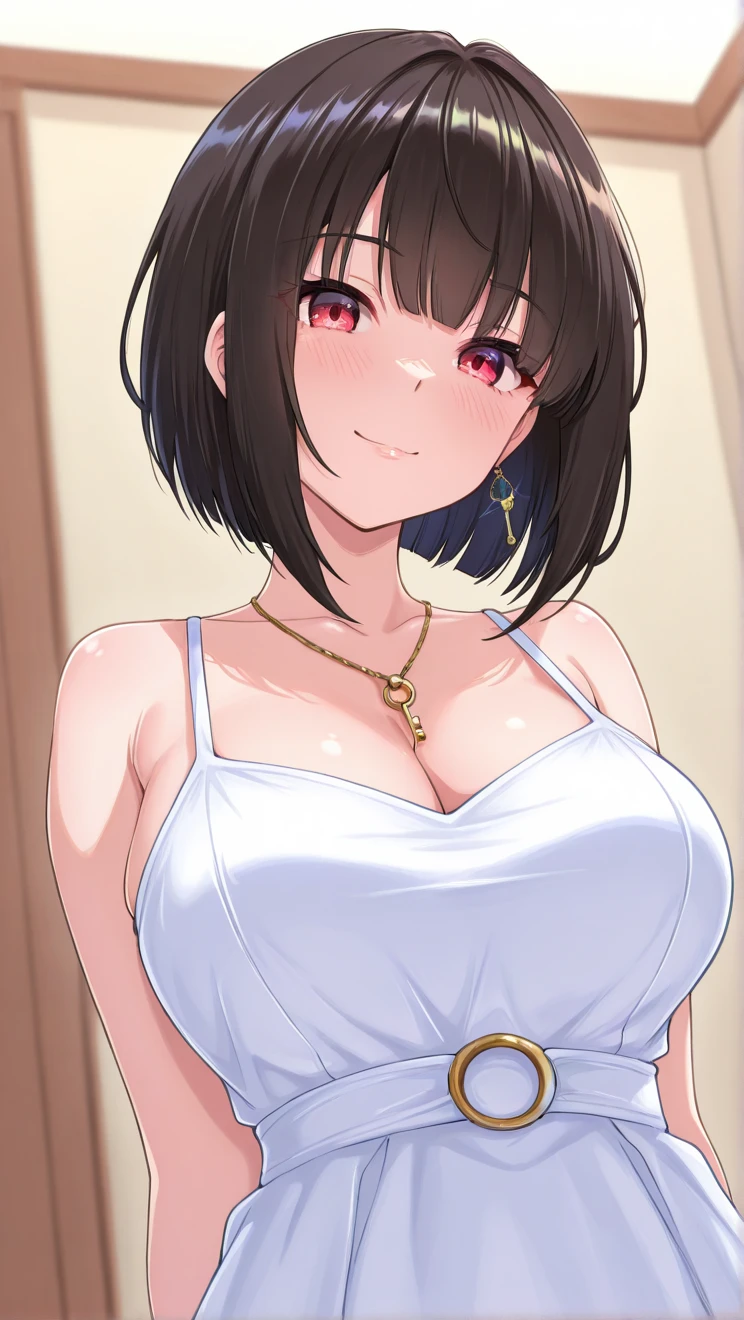 Entire young woman of 20 years old standing in a desert street. bob cut brown hair with a blond strand sticking out in front. eyes gradient pink and purple with eyeliner. discreet pink earrings and white necklace with pink pearl. she looks surprised. she hides the middle of her hips with her hands. Small breast. bare shoulders. Bare foot. She has a purple ankle bracelet.
Scene see from front. anime art