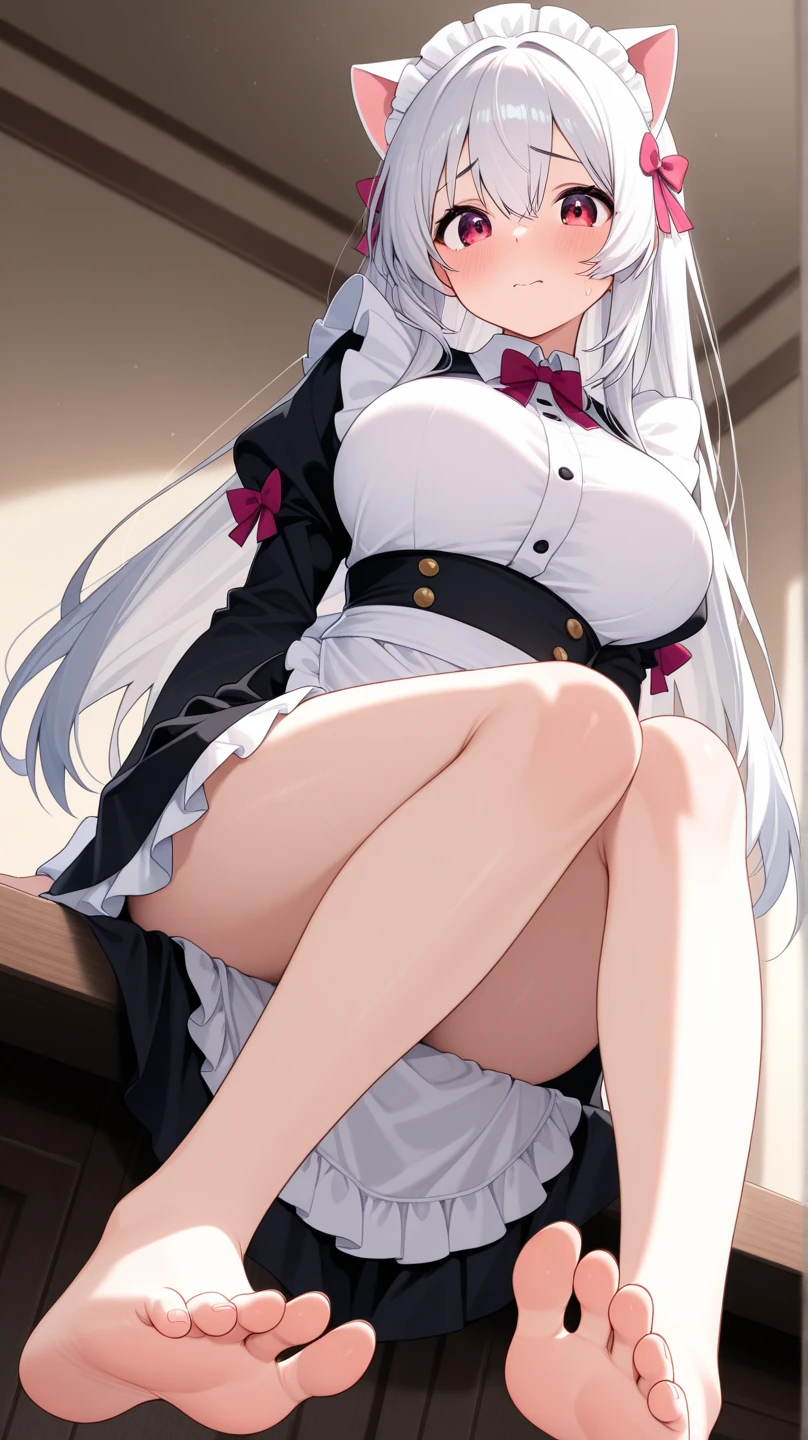Masterpiece、Highest quality、Highest quality, (from below:1.3), (Long, slender legs, shoes:1.2), (squat, Spread your legs), 1 girl, Cute eyes, (Detailed face:1.3)、(Sexually stimulating fluids), Open your mouth, The whole face turns red, alone, Oversized breasts, Big and ample breasts, (Straight bangs, Twin tails:1.2), (White maid outfit:1.2)、(Nipples、Ultra-micro bikini that only covers the bust digs into the skin:1.2)、Side bust、Underbust、belly button、Walking through the mansion'corridor、Browsing Caution、shoes下
