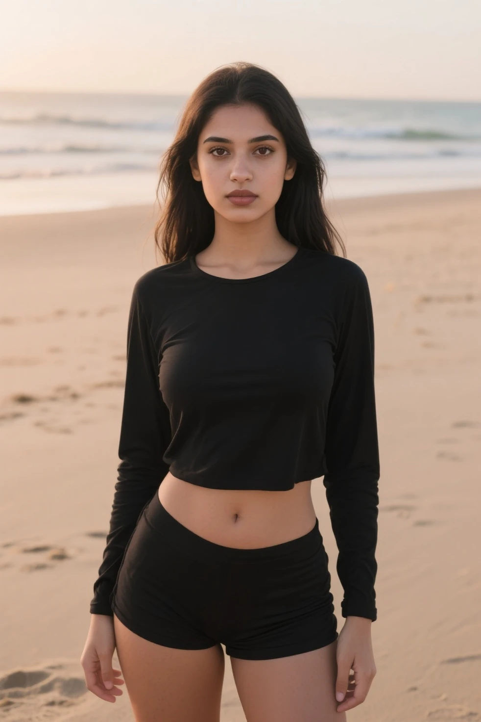 Portrait of A confident-looking indian woman named (((Geha Garayan))) with long flowing hair, hazel eyes, standing on a beach, wearing a black sweater, non-deformed hands, perfect composition, hyperrealistic, super detailed, 8k, high quality, trending art, trending on artstation, sharp focus, studio photo, intricate details, highly detailed, art by greg rutkowski