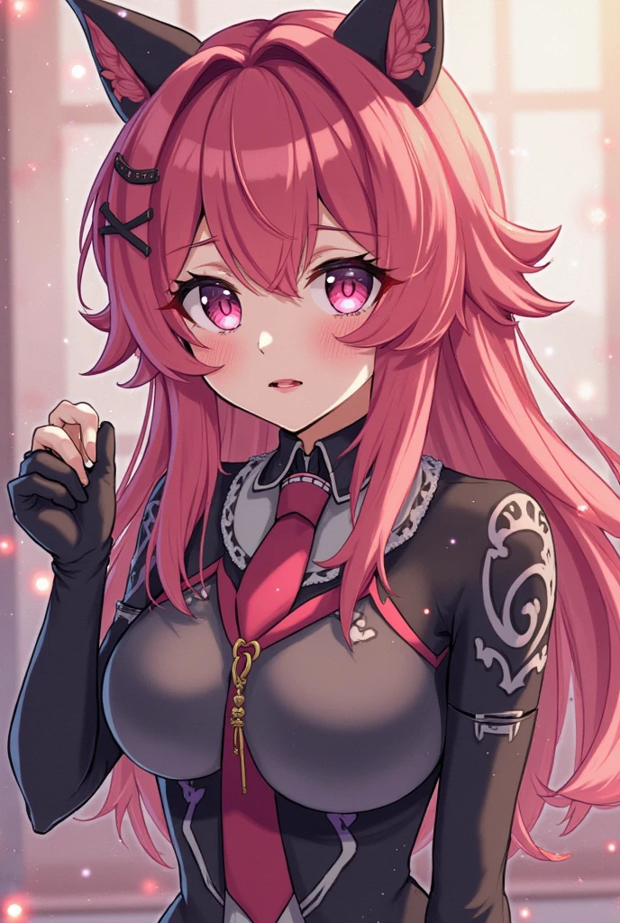 (Highest quality,High resolution,Very detailed,girl)black tights,Pink Hair,Twin tails and short hair,Height: 160cm,cute,Big Breasts,Pink Eyes,wearing a black skirt,Her eyes are white and shining,Has bright white eyes,Has a shy look,I'll lift up my skirt,I get pushed onto the bed,There is so much exposure,