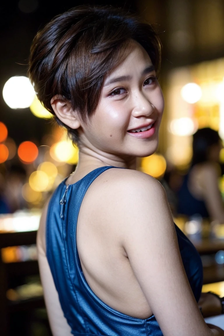 Malay girl, very short red hair, side swept pixie haircut, wear soft blue Mini peplum backless Dress , laughing and posing with hand on head, touching her own head, from back view, windy, detail skin, age spot, detail skin texture, mole below eyes, small breast, flat chest, wide hips, small waists, thick thighs, slim abs, beautiful body, nighttime, laughing, happy, bright lighting, crowded cafe, blur background, bokeh, high quality, ultra detail, 8k,