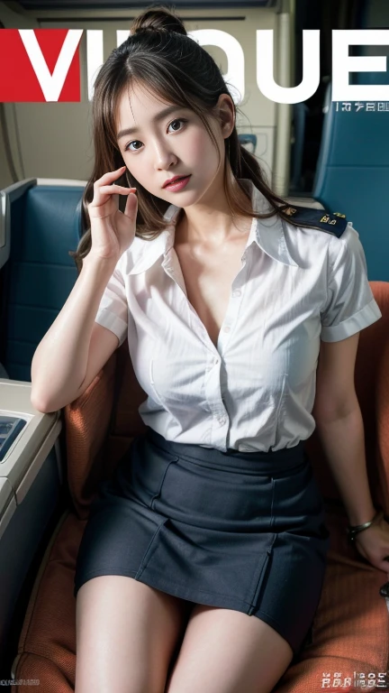 highest quality, masterpiece, 8K, ultra high resolution, (realistic: 1.4), 1 girl, beautiful face, eye of symmetry, big, perfect body proportions, stewardess uniform, the gaze of the beholder, (Inside the airplane: 1.2), sit on the seat, Tight Skirt, (Absolute area:1.3)、thighs、((sit and open your legs:1.3))、big breasts、smile、puckered lips