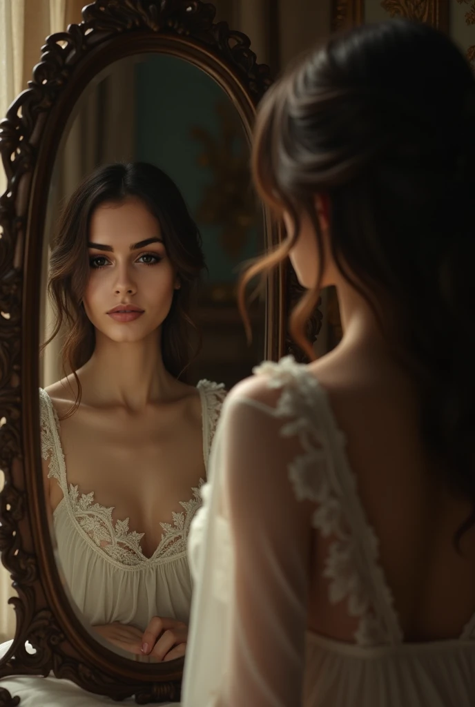 A bride admires herself in the mirror, dressed in a simple yet elegant wedding gown. 'I can’t believe I’m getting married. It's a moment every girl dreams of.'" Scene 1