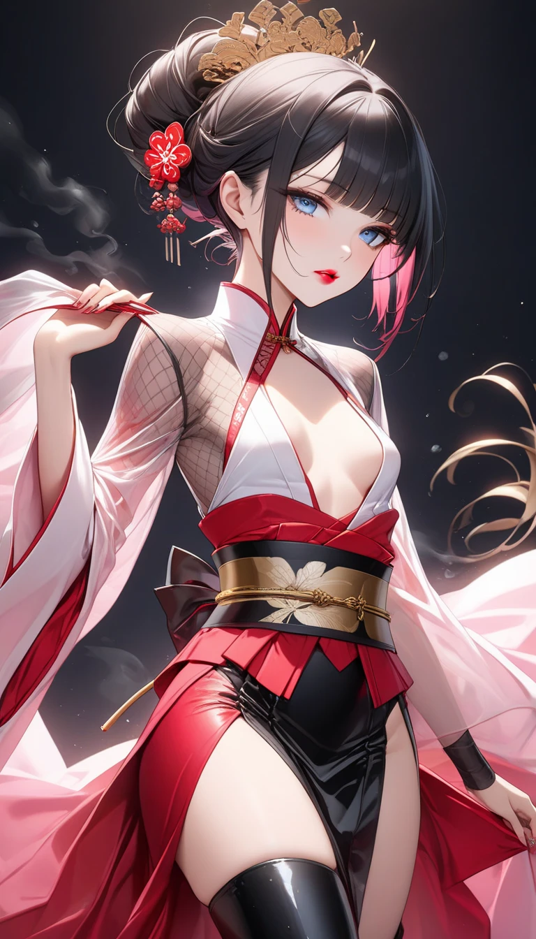 absurdres, RAW photo, extremely delicate and beautiful, masterpiece, Best Quality, ultra high resolution, 32k, hyperrealistic, ultra-detailed, perfect figure, in her 20s, very small head, very small face, delicate facial features, tearful mole, earring, huge breasts, legs, whole body shot, full body shot, medium hair, black hair, red-black costume, holding a sword, Onmyoji, nobushi, Flowing white robe,