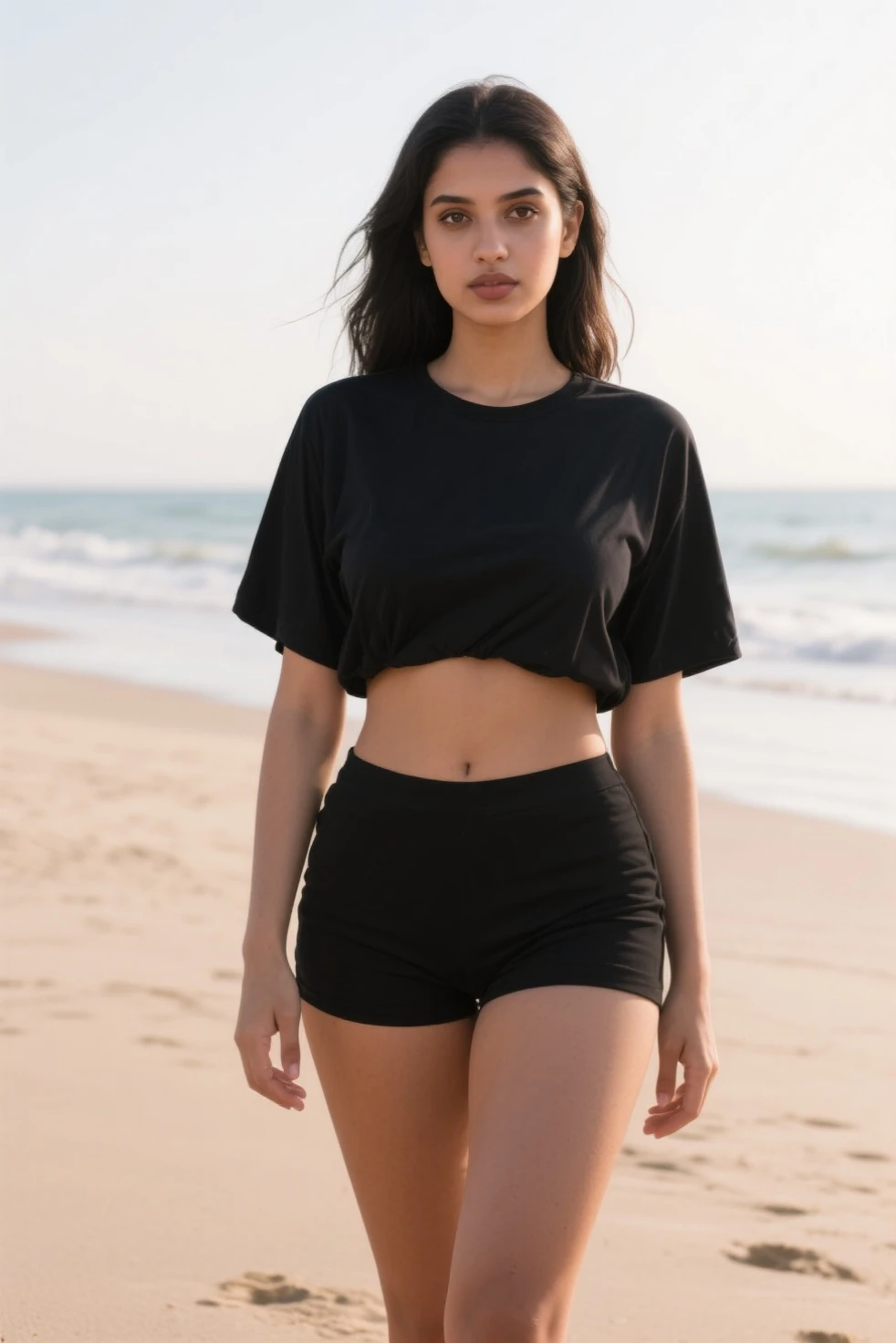 gorgeous young colombianwoman, posing on the beach, wearing a legging and a sweatshirt, full body, beautiful face, masterpiece, best quality, ultra-detailed, solo, shadows, contrast, cinematic light, side lighting, ultra high resolution, best shadow, RAW, 4k, 85 mm, poca profundidad de campo, Kodak Vision Color, estremadamente detailado, Cinematographer_\(ultra\), photorealistic, Realstic, Postproceso, Maximum details, aspereza, vida real, ultra realista, fotorreallsmo, Cinematographer, 8k UHD, Cinematographer