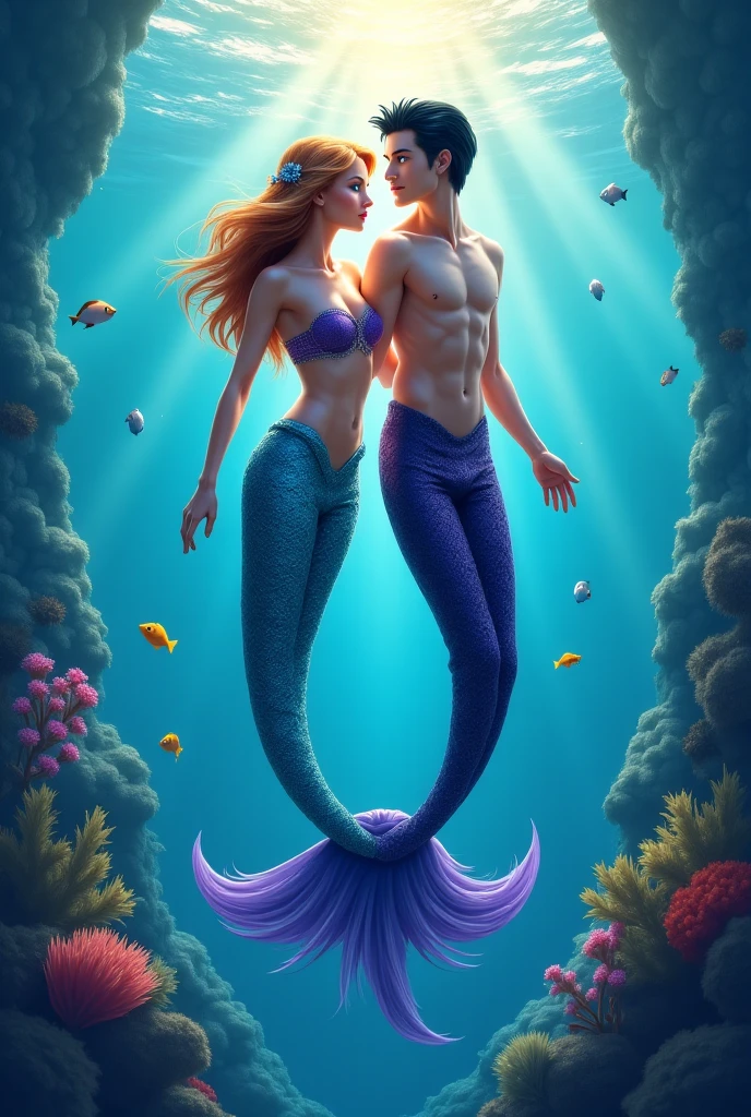 Scene 7: Leo and Lyra’s Life in the OceanPrompt: A vibrant underwater scene where Leo and Lyra, now both merfolk, explore the ocean together. They swim hand in hand through a beautiful coral reef, surrounded by colorful fish, sea turtles, and playful dolphins. The sunlight filters through the water, casting dappled patterns on the sea floor. In the distance, you can see a grand underwater cave, adorned with pearls and sea plants, which serves as their home. Their faces are filled with joy and love as they navigate their new world.