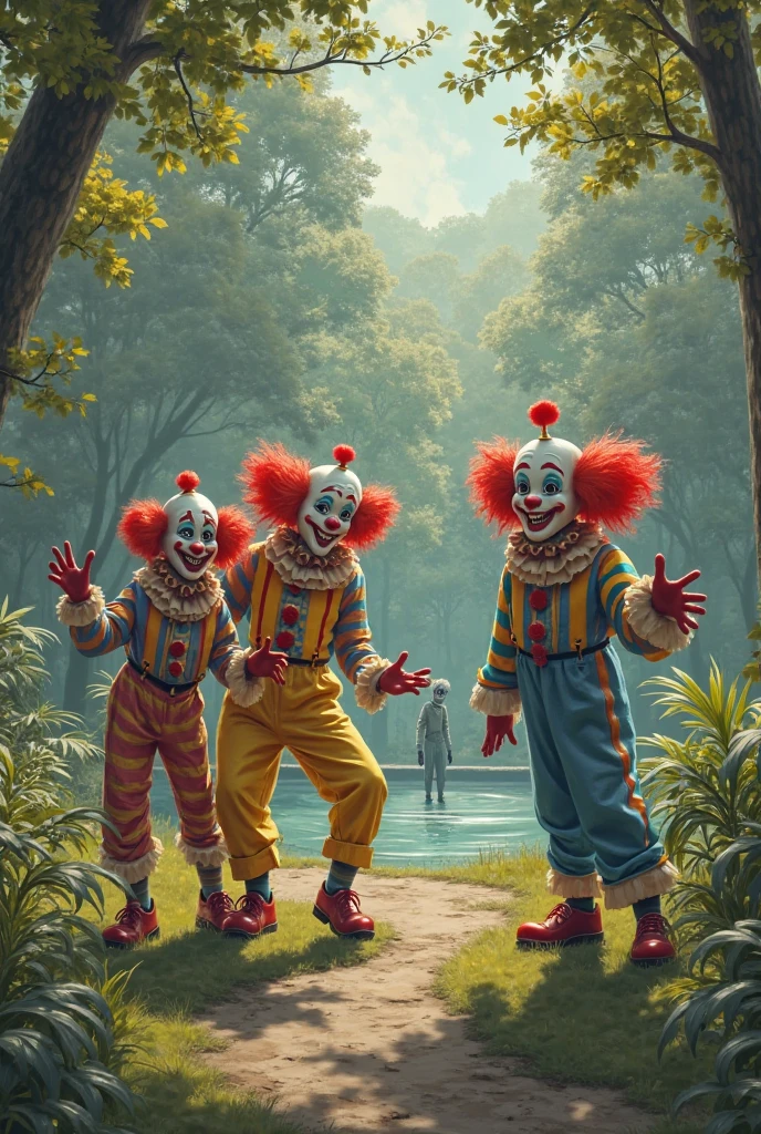 ((3 crazy mean clowns holding pitchforks, garbage pail kids style)), in the woods, 3d cartoon, high quality, detailed,