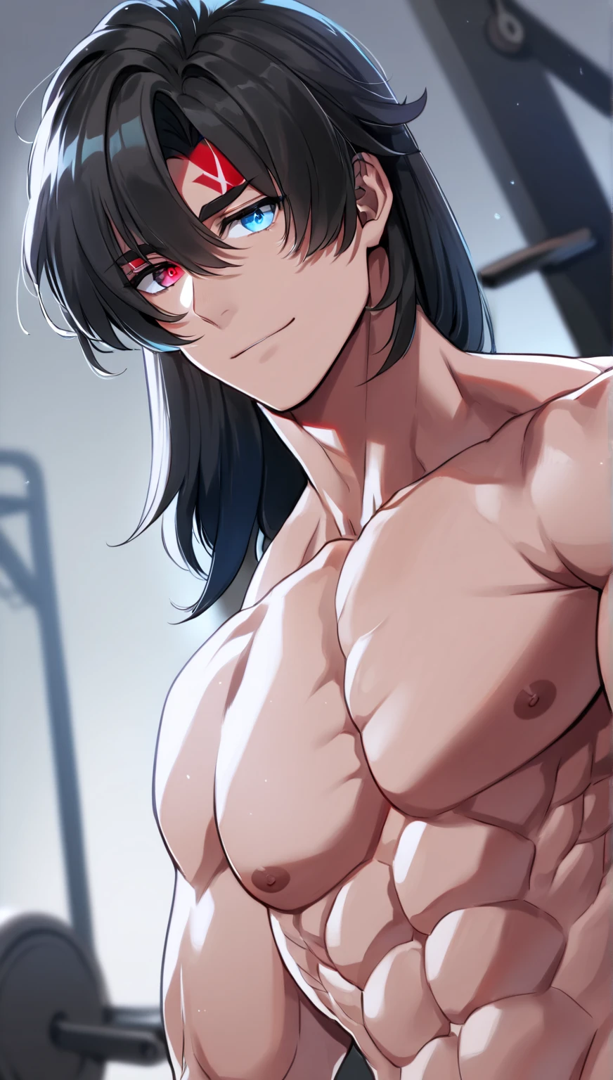 beautiful face like a K-pop idol, korean man, handsome man, shirtless, view from his back, he's looking back at viewer, body tilt, holding a white towel near his face, dark hair, intense gaze, muscular physique, sweat glistening on his skin, strong jawline, confident expression, defined abs, toned arms, masculine features, happy expression, detailed background, inside dark room, strong contrast