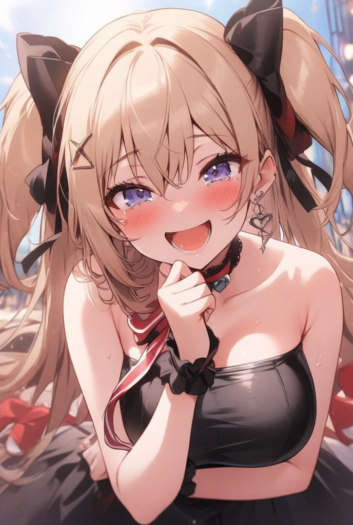 1girl, evil neuro-sama, (yuzu modoki), red eyes, light brown hair, ahoge, two side up, hair ribbon, dark red ribbon, heart hair ornament, asymmetrical legwear, black thighhighs, black kneehighs, (masterpiece, best quality), highly detailed, finely detailed, simple background, playboy bunny, rabbit ears, rabbit tail, detached collar, bowtie, wrist cuffs, leotard, looking at viewer, heart hands, on table, indoors, angry, bokeh, wet, depth of field, blurry background, backlight, open mouth, tongue out, from above,