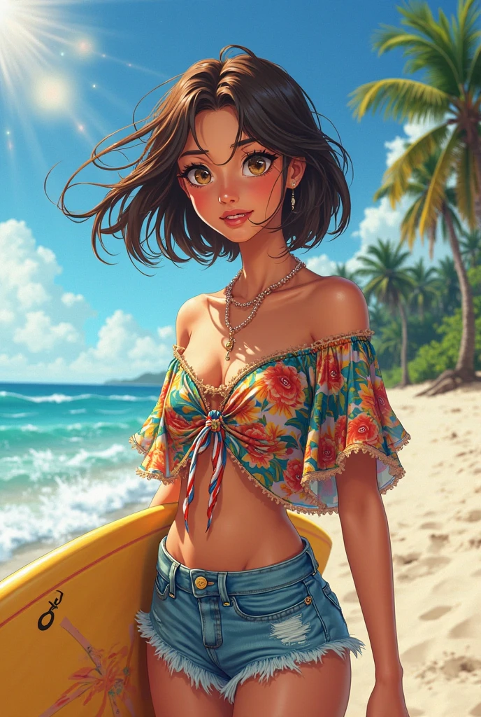 Uma jovem negra, andando na praia, com flores amarelas no cabelo, wearing bikini with flower prints, corpo bonito, apenas uma mulher em cena, in front of the camera with wide-angle lens, she's wearing simple tight clothes, micro bikini, realista, imagem extremamente detalhado, figura extremamente detalhada, ((apenas uma garota em cena)) --auto
