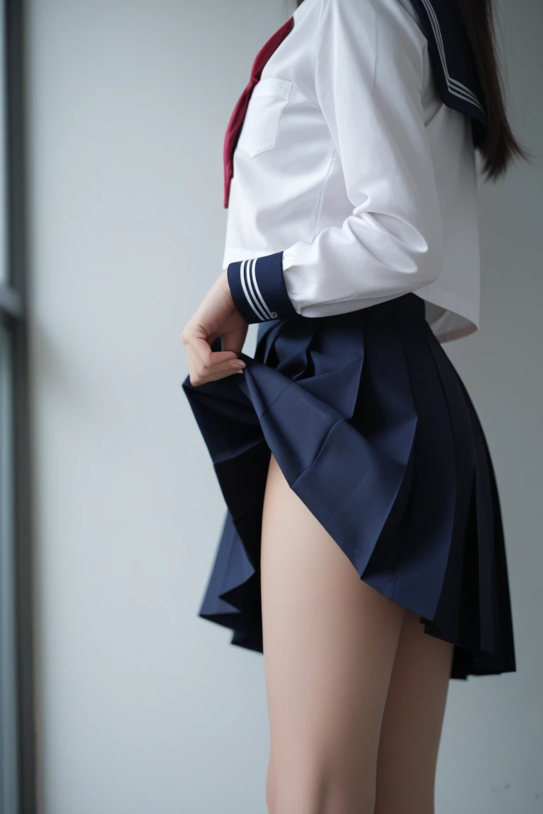 (((Dressing:1.8))), (((facing back:1.8, Point your butt at the camera:1.8)))((Dress up reliably:1.8)), (((pantie shot:1.8))), (((Show the camera everything about your panties:1.5))), ((Lifted skirt:1.8)), (((shool uniform:1.8, Dark blue mini skirt:1.5, white panties with a small area,:1.5, black over knee socks:1.8))), espadrilles, (ssmile:1.5), 1girl in, student, 7headed body, Ideal ratio body proportions, erectile nipple, Medium hair, A dark-haired, With bangs, small tits, A slender, Small buttocks, beauty legs, Skinny Legs, surrealism, Cinematic lighting, depth of fields, One-person viewpoint, F/1.8, 135 mm, nffsw, masutepiece, ccurate, ((Anatomically correct:1.3)), Textured skin, Super Detail, high details, High quality, awardwinning, Best Quality, hight resolution, 8K