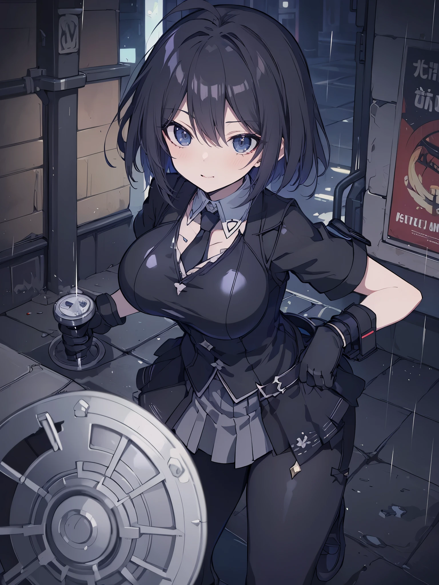 ((best quality)), ((masterpiece)), (detailed), anime girl gesture, walking, mirando al espectador, shy look, short black hair, big breasts, sexy, ,ojos detaileds, blue eyes, (((pale skin))), tactical hip covers, tactical equipment , chest harness , ((battlesuit tight black)) ((black gloves)), ((shiny black tight leggings)), Special mission, ((at night)), ((dark alley)), city, heavy rain, Approach,