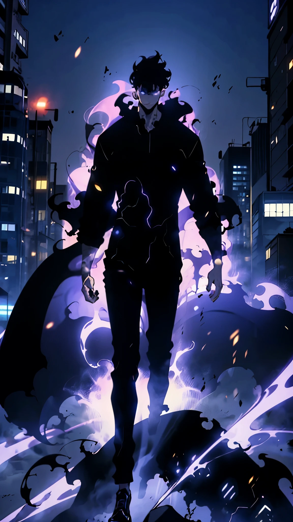 Blue Aura 1boy,male focus,black hair,solo,glowing,short hair,glowing eyes,pants,pitch black shirt,blue eyes ,standing,pitch black pants,blue aura,closed mouth,long sleeves,black shirt,silhouette,(((city background))),city background,motion blur,blue magic,detailed face Shadow Monarch Aura 1boy,male focus,black hair,solo,glowing,short hair,glowing eyes,pants,pitch black shirt,purple eyes ,standing,pitch black pants,purple aura,closed mouth,long sleeves,black shirt,silhouette,(((city background))),city background,motion blur,purple magic