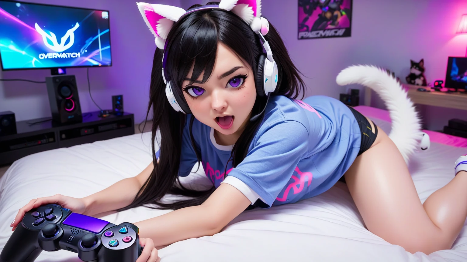 Twitch gamer girl ((@vanilopa_tik)crazy and pretty Russian (age 20) intentional down blouse no bra, cute geek, 80s big slightly curled hair, a little belly, slutty Pokémon panties with twin tails (dirty or cute messages on panties and or top), cat ear headset, lewd flirting, expensive gaming chair) video controller nearby, turned to face viewer
