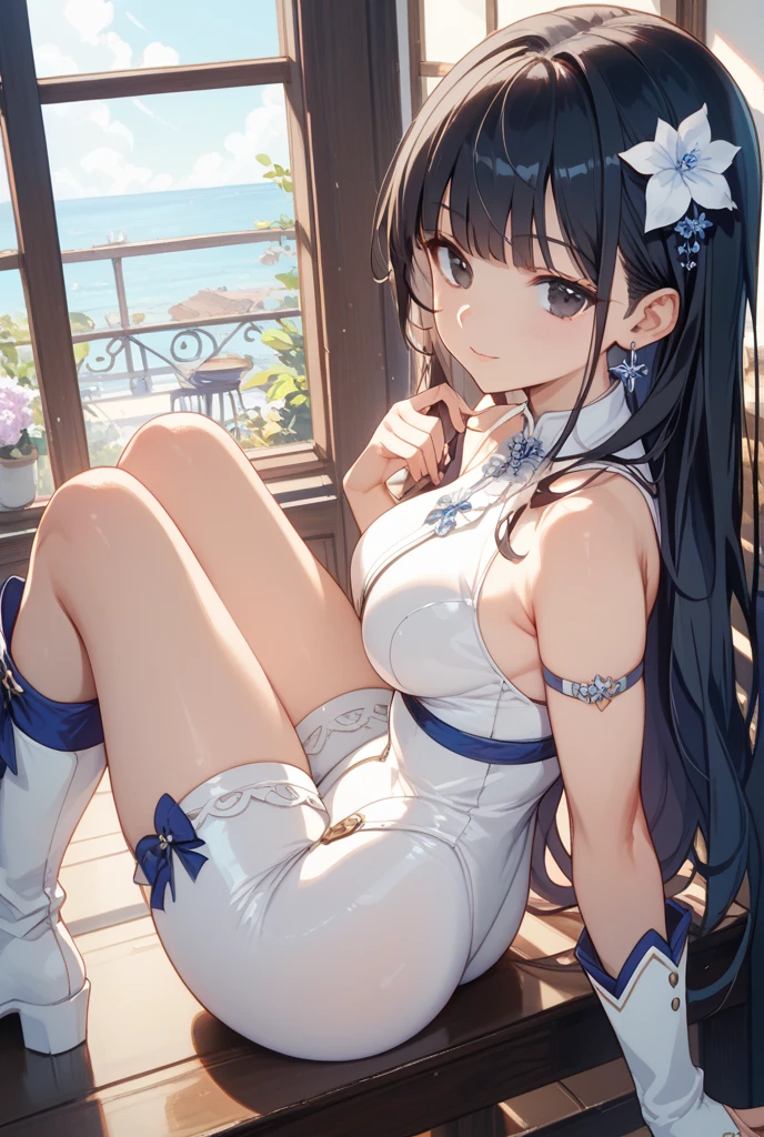 Anime Characters (Large target) Wearing a white apron and black hair, Azure route style, Fleet series style, pixiv 3dcg, Aheiyan, Kushat Garland, Anime cute art style, From《Azur Lane》game, Biomechanics Oppai, Top Ranked on Pixiv, best quality, 8K HD, Thigh gap, Half naked