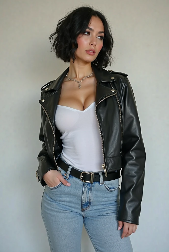 Beautiful lady 26 years old, dark short curly hair, fine nice detaild face, black tight leather unzipped jacket, big , brown eyes, long eyelashes, white jeans, open pose, glamour photo, navel piercing, big sunglasses, action figure, realistic photo, sitting