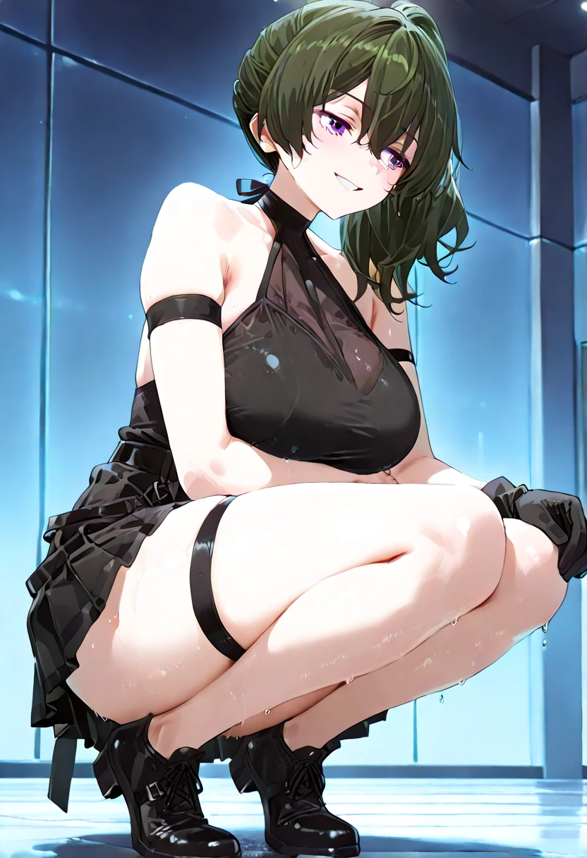 Japanese、woman，Black Hair、short hair、既婚woman、Big Lips、Nipples are visible、Large Breasts、L Cup Breast、Painful face、patience、刑務所に排尿するwoman、incontinence、Black tight dress、Party Dresses、Squat Pose、Spread your legs、Electric shock、Sweat、High heels、Through clenched teeth、Front of body、bondage、inhibition、Exposed armpits、Chained hands、In the cage、Face looking up